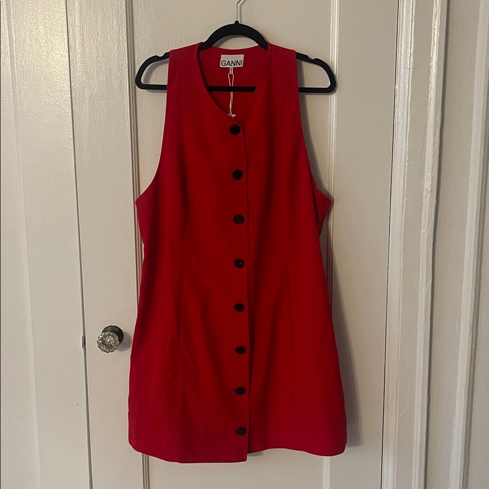 NWT Ganni Twill Mini Elegant Red Button-Down Dresa - Picture 6 of 13